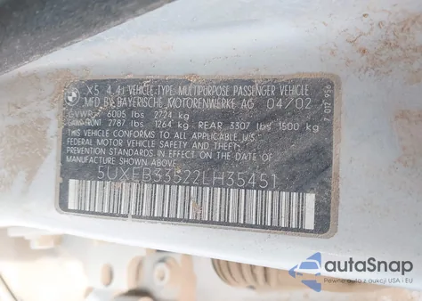 2002 BMW X5 4.4I z USA, uszkodzony, nr VIN 5UXFB33522LH35451